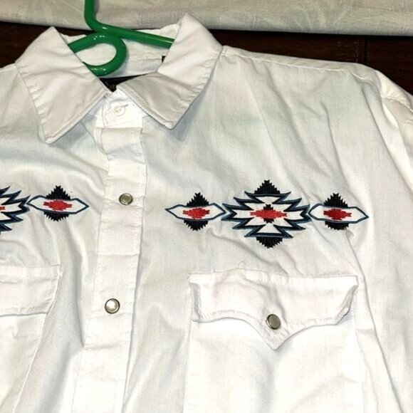 High Noon Western Shirt Long Sleeve Snap Button Aztec Embroidery White L Cotton - Picture 5 of 5